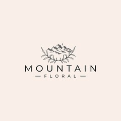 Mountain With Floral Leaves Drawing Logo Vector Illustration Template Icon Design