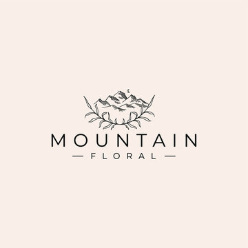 Mountain With Floral Leaves Drawing Logo Vector Illustration Template Icon Design