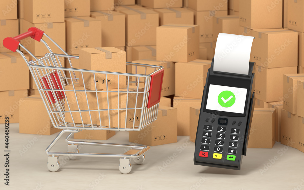 Poster shopping cart with cardboard boxes inside, 3d rendering.