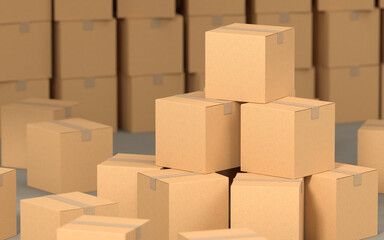 Cartons stacked together, factory warehouse, 3d rendering.