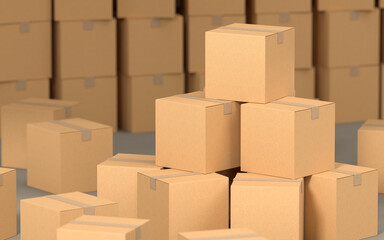 Obraz premium Cartons stacked together, factory warehouse, 3d rendering.