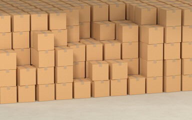 Cartons stacked together, factory warehouse, 3d rendering.