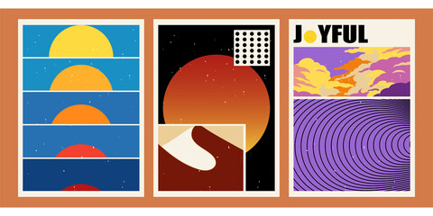 A set of three aesthetic bright posters with typographic templates. Minimalistic posters for social networks, cover design, brochures, web. Vintage abstract illustrations with geometric shapes, lines.