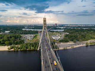 North bridge in Kiev. Aerial drone view.