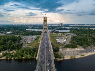 Fototapeta na wymiar North bridge in Kiev. Aerial drone view.