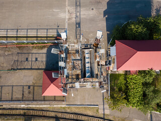 Industrial lighting pole. Aerial drone top view.