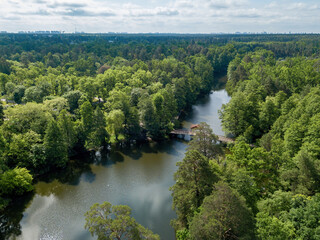 Fototapeta na wymiar Lake in the coniferous forest in spring. Aerial drone view.