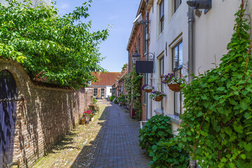 Fototapeta na wymiar A narrow alley with old picturesque Dutch small houses with beautiful blooming flowers the town of Buren, Gelderland, Netherlands.