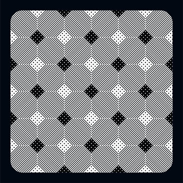 Abstract geometric seamless vector pattern in black and white colors with lines and dots. Can be used for textile surfaces and web backgrounds.
