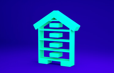 Green Hive for bees icon isolated on blue background. Beehive symbol. Apiary and beekeeping. Sweet natural food. Minimalism concept. 3d illustration 3D render