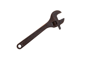 Old rusty adjustable wrench isolated on a white background. Work concept.