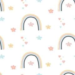 Fantasy seamless pattern with cartoon rainbow, hearts and flowers on white background. Kids texture. Doodle cartoon style. Summer style.Cute baby print. Flat style design. 