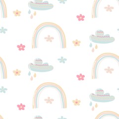 Fototapeta premium Seamless pattern with cartoon rainbow, cloud and flowers on white background.Cute baby background for printing on wrapping paper, fabric, clothes. Fabric design element. Seamless vector pattern.