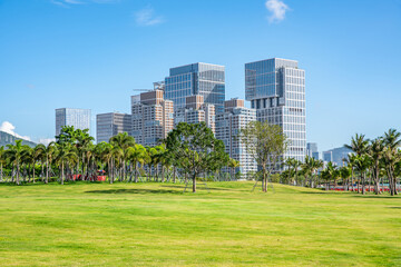 Building scenery and large lawn in Qianhai CBD, Shenzhen, China