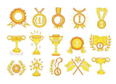 Awards cups and medals. Icon set, hand-drawn. First place, top achievement. Yellow gold and orange color. Editable stroke. Outline contour line.