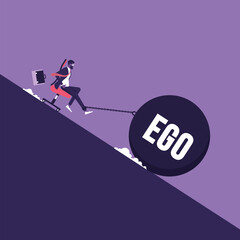 ego and selfishness, Businessman sitting in a chair and a heavy load of ego, pulling him into the abyss. Conceptual scene of selfishness - obrazy, fototapety, plakaty