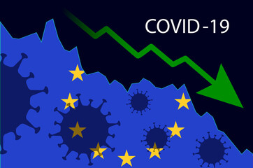 illustration concept graph of the decline in the incidence of the covid virus, green down arrow, flag of the European Union