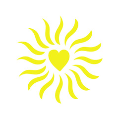 Simple sun vector flat illustration with heart shape middle, cute summer image for making cards, decor, vacation concept and holiday and summertime design for children