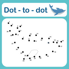 Dot to dot game for kids vector illustration. Number tracing line puzzle game with a dolphin. Coloring page for children. 
