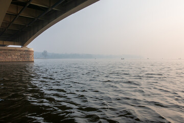 The Zegrze Reservoir. Zegrze. Morning by the lagoon. Bridge. Fishing on the lagoon.