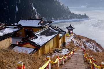 Buddhist temple, Tian Chi, Heaven Lake, Xinjiang, China, frozen lake