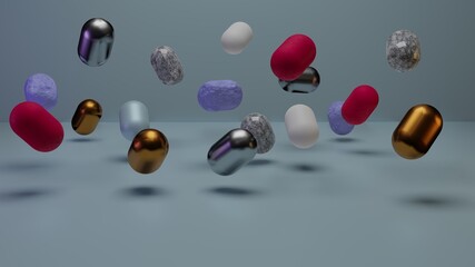 3d render of floating colorful spheres. Abstract background with golden, silver, plastik, marble and stone spheres.