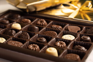 Mix of chocolates in a box.