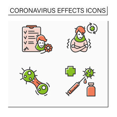 Corona virus effects color icon set. Sick person, vaccine, recovered patient, covid mutation. Covid long term system health damage.Isolated vector illustrations