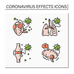 Corona virus effects color icon set. Covid long term system health damage. Heart, lung, brain damage. Neurological disorder.Isolated vector illustrations