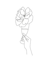 Flower head in a glass. Drink in a hand contour minimalistic illustration. Romantic card concept for winery, bar or restaurant