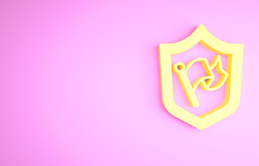 Yellow Shield with flag icon isolated on pink background. Victory, winning and conquer adversity concept. Minimalism concept. 3d illustration 3D render