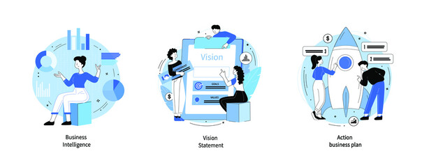 Scenes with people taking part in business activities. Trendy vector style. Abstract concept vector illustration set. Teamwork. Business intelligence, vision statement, action business plan © Екатерина Велигура