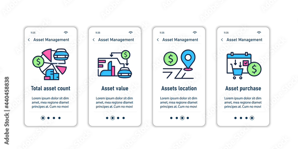 Poster asset management onboarding mobile app screens.asset count, value, location, purchase. control steps