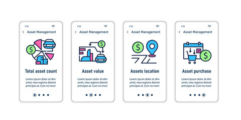 Fototapeta na wymiar Asset management onboarding mobile app screens.Asset count, value, location, purchase. Control steps menu. Set of UI, UX, web template with RGB color linear icons