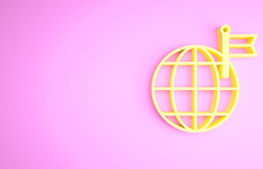 Yellow Planet with flag icon isolated on pink background. Victory, winning and conquer adversity concept. Minimalism concept. 3d illustration 3D render
