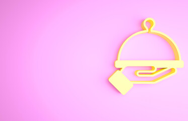 Yellow Covered with a tray of food icon isolated on pink background. Tray and lid sign. Restaurant cloche with lid. Minimalism concept. 3d illustration 3D render