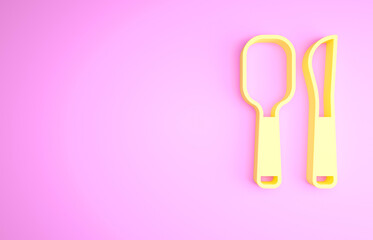 Yellow Knife and spoon icon isolated on pink background. Cooking utensil. Cutlery sign. Minimalism concept. 3d illustration 3D render