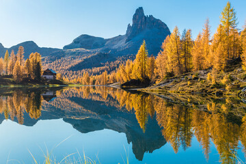 Fantastic autumn landscape. The view on Federa Lake at autumn. Dolomites, Cortina DAmpezzo, South Tyrol
