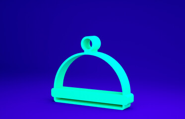 Green Covered with a tray of food icon isolated on blue background. Tray and lid sign. Restaurant cloche with lid. Kitchenware symbol. Minimalism concept. 3d illustration 3D render