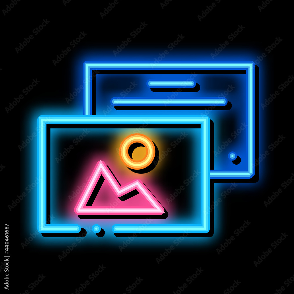 Wall mural color pictures neon light sign vector. Glowing bright icon color pictures sign. transparent symbol illustration