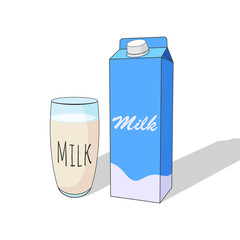 A glass of milk and packaged of milk cartoon vector graphics