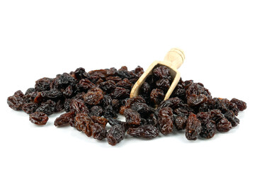 Black sweet Raisins or dried sweet grapes (kali kishmish or Zante currant) isolated on white...