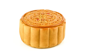 Mid-Autumn Festival moon cake or Chinese moon cake with one cut up to show assorted nuts and egg yolk isolated on white background