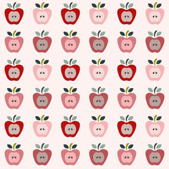 Seamless retro style pattern with pink and red apple decoration on pastel pink background