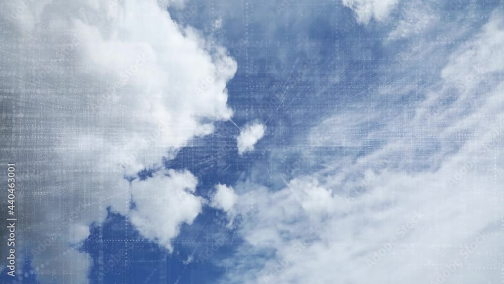 Poster summertime clouds time lapse with artistic network lines and dots motion background.