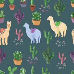Llama cacti cartoon alpaca mexico Peru desert vector. Color illustration hand drawn print textile vintage. Children's cute picture patern seamless
