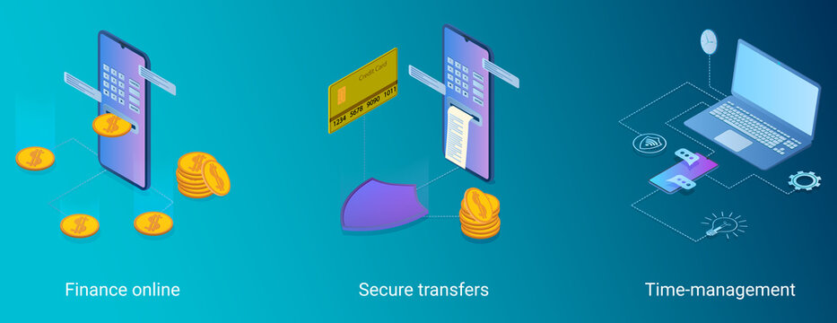 Online finance,secure transfers,time management.A set of vector illustrations on the topic of technology.Abstract illustrations.