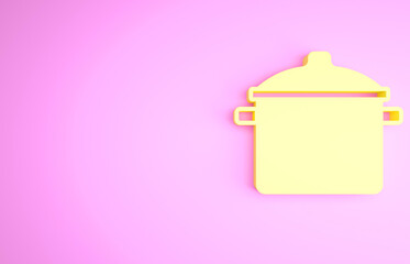 Yellow Cooking pot icon isolated on pink background. Boil or stew food symbol. Minimalism concept. 3d illustration 3D render