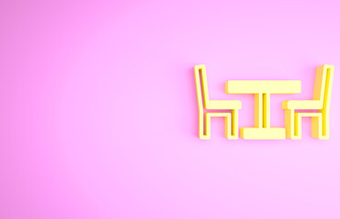 Yellow Wooden table with chair icon isolated on pink background. Street cafe. Minimalism concept. 3d illustration 3D render