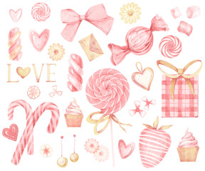 Fototapeta na wymiar Big watercolor pink and gold set of elements for Valentine's day. Sweets, hearts, jewellery, bows, flowers, garlands, gifts isolated on white background.